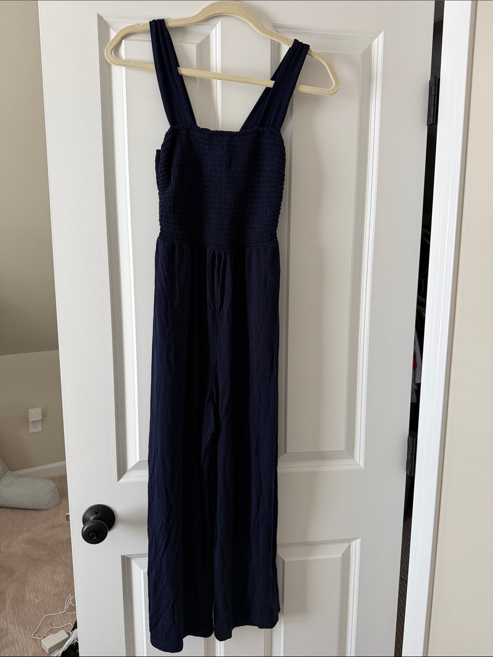 LOFT Navy Smocked Wide-Leg Jumpsuit